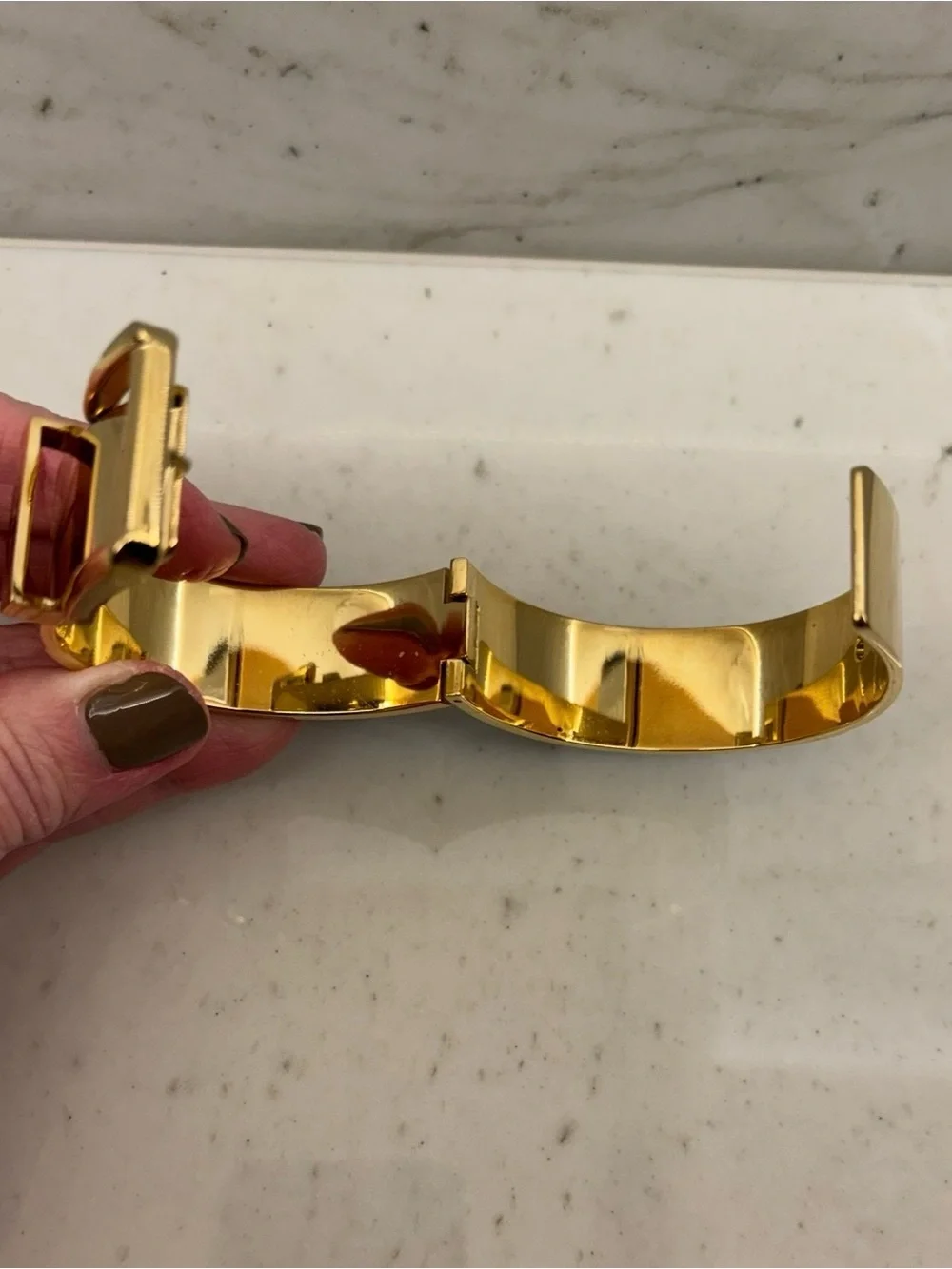 Michael Kors Haute Gold Tone Black Enamel Hinge Belt Buckle Bangle Bracelet